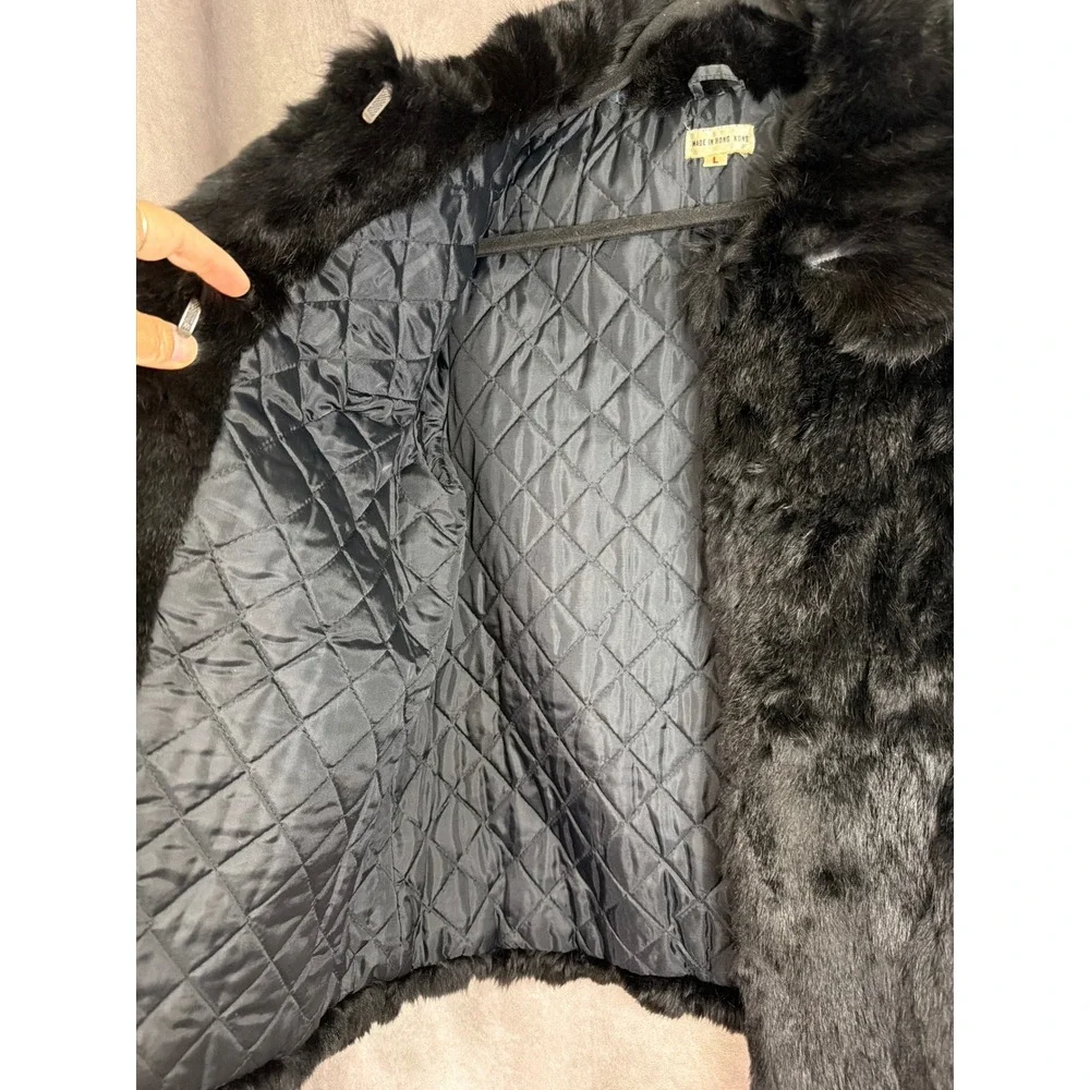 Vintage Genuine Rabbit Fur Jacket Women Large Black Quilted Lining Mob Wife